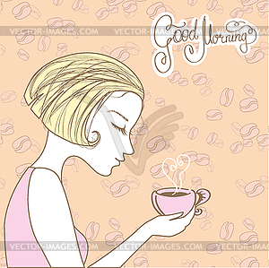 Beautiful girl with cup of coffee, good morning - vector clip art