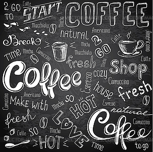 Coffee to go, cups, mugs, beans and lettering types - vector clipart