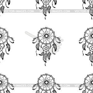 Hand-drawn dreamcatcher with feathers. Seamless - vector clip art