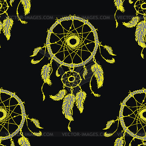 Hand-drawn dreamcatcher with feathers Seamless - vector image