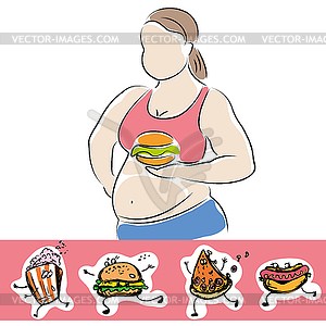 Plump woman with burger and fast food icons - vector image