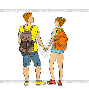 Couple of tourists with backpacks - vector image