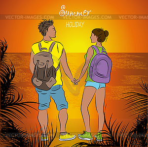 Couple tanned tourists with backpacks at sunset on - vector clip art
