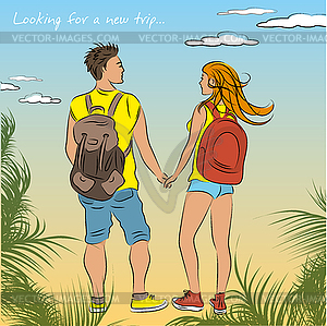 Couple tanned tourists with backpacks on beach - vector image