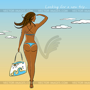 Красивая сексуальная девушка в бикини с пляжной сумкой в руке - векторный клипарт / векторное изображение
