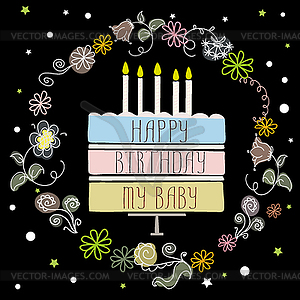 Cute happy birthday card with cake and candles - vector image