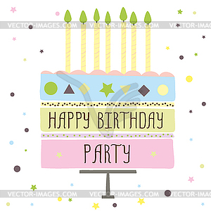 Cute happy birthday card with cake and candles - vector clip art