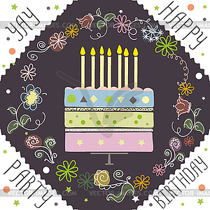 Cute happy birthday card with cake and candles - vector image