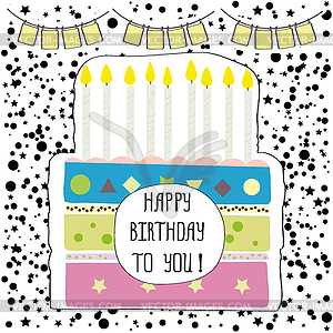 Cute happy birthday party card with cake and candles - vector image