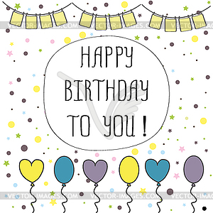 Cute happy birthday party card with cake and candles - vector clipart