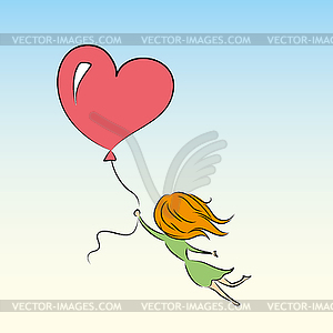 Girl is flying on balloon in shape of heart - vector clipart