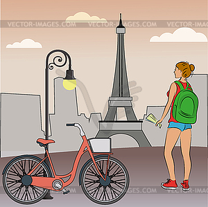 Girl with backpack, Bicycle - color vector clipart