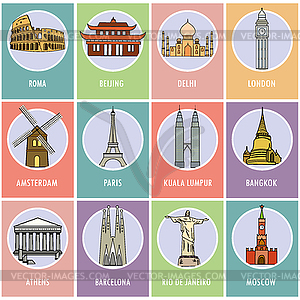 Set icons or cards.- Famous attractions of world - vector image