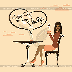Beautiful girl drinking coffee, enjoy your morning - vector clipart