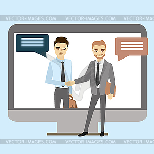 Handshake between businessmen through screen - vector clipart