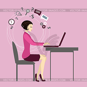 Office worker or business woman. Working On laptop - vector clipart