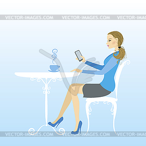 Beautiful girl sitting at coffee shop and enjoy you - vector clip art