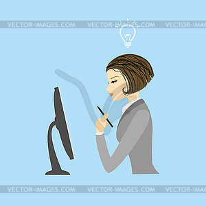 Business woman sitting at computer monitor - royalty-free vector clipart