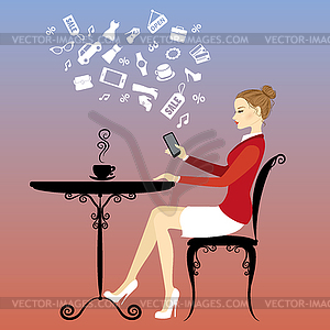 Girl is drinking coffee and on Internet via - vector image