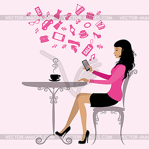 Girl is drinking coffee and on Internet via - vector image