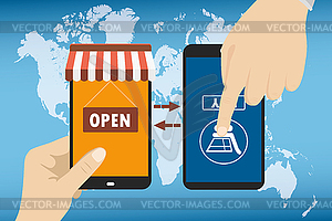 Shopping on phone, flat design - vector image