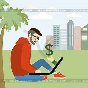 Fashionable guy sitting with laptop on background o - vector clipart