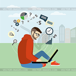 Fashionable guy sitting with laptop on background o - vector clip art