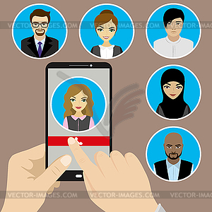 Hand holding phone with incoming call on screen. - vector image