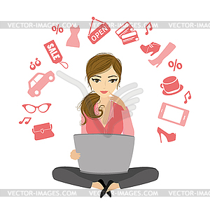 Business woman or office worker working at computer - vector image