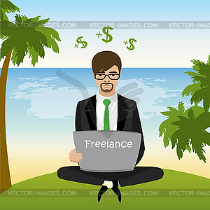 Freelancer sitting on beach in lotus pose and works - vector image