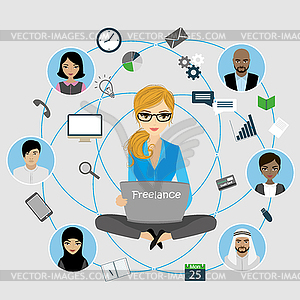 Woman sitting with laptop, internet work, connectin - vector clip art