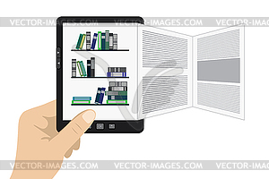 Hand holding portable modern tablet e-book reader - vector clipart