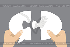 Hands holding two puzzle speech bubble pieces - vector clip art