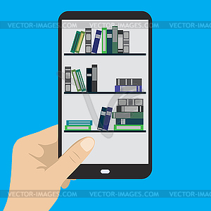 Smartphone in hand, e-book on mobile phone, - vector image