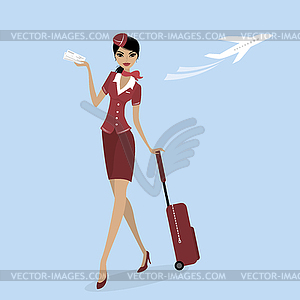 Stewardess with suitcase and plane ticket - vector image