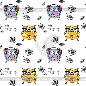 Seamless pattern with cute owls - vector image