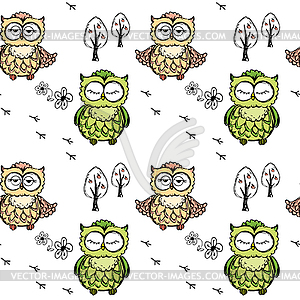 Seamless doodle owl pattern background - vector clip art