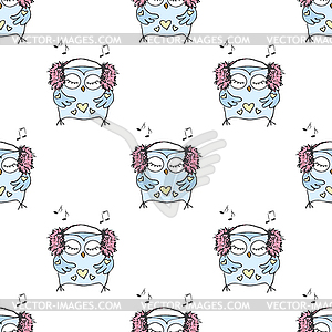 Seamless doodle owl pattern background - vector clipart