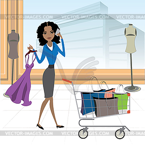 African american woman with shopping cart and - vector clipart