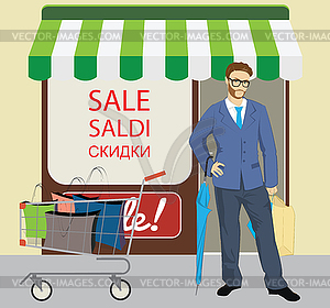 Fashionable businessman with shopping bags and - vector clip art