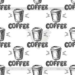 Coffee cup with lettering, seamless pattern - vector image