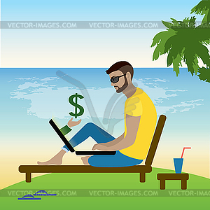 Freelancer working at laptop on beach - vector image