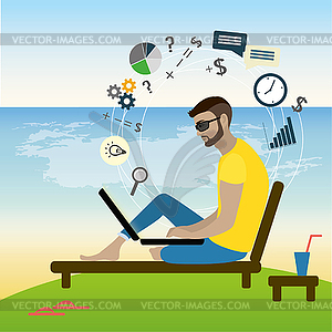Freelancer working at laptop on beach - stock vector clipart
