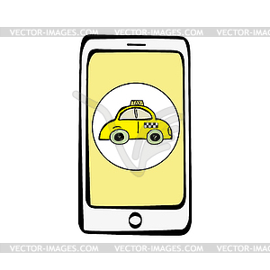 Doodle Smart Phone with taxi service app - vector image