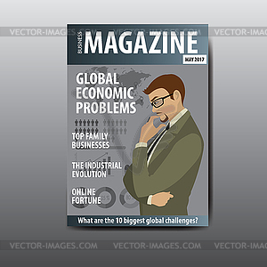 Пустая обложка журнала, бизнесмен думает о - векторизованное изображение