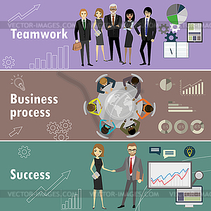 Flat banner set with teamwork, business process - vector image