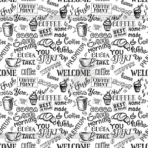 Coffee seamless pattern with lettering, - vector clipart