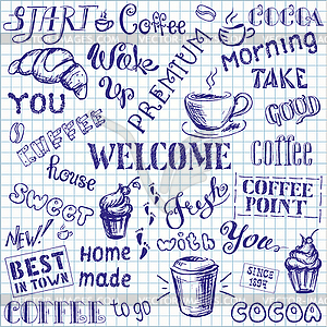 Coffee seamless pattern with lettering, - color vector clipart