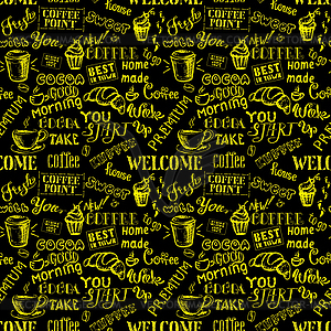 Coffee seamless pattern with lettering, - vector image