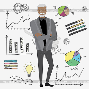 Cartoon businessman and doodle business set on - vector clip art